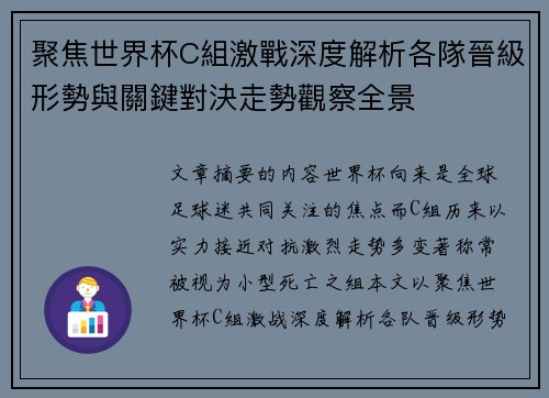 聚焦世界杯C組激戰深度解析各隊晉級形勢與關鍵對決走勢觀察全景